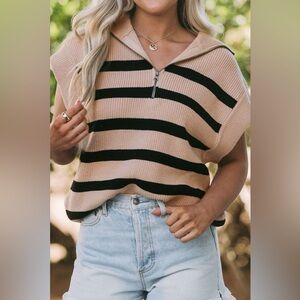 Striped Half Zip Cap Sleeve Knit Top